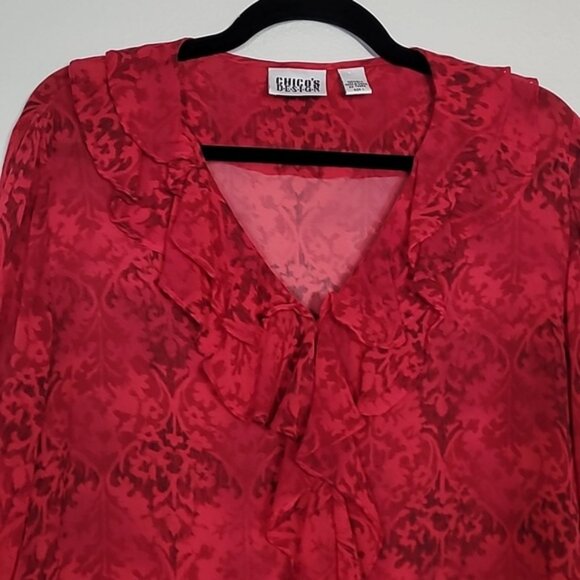 Vintage Chicos Sheer 100% Silk Button Up Shirt Size M/L Red Ruffle Goth Vamp Y2K - Picture 3 of 14